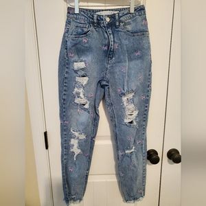 Tinseltown Juniors, destructed Mom jeans, butterfly patchwork detail